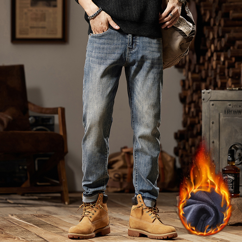 2025年秋冬季新款蓝色牛仔裤男士秋款加绒宽松百搭潮牌休闲长裤，男装牛仔裤，奇怪漫猴工厂店