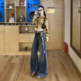 喇叭修身做旧复古美式水洗纹理褶皱新款秋冬舒适拖地长裤牛仔裤，女装休闲裤，奇怪漫猴工厂店