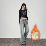 25年秋冬新款美式复古条纹低腰微宽松加绒加厚微喇牛仔裤女，女装休闲裤，奇怪漫猴工厂店