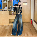 美式复古做旧水洗弯刀宽松长裤刺绣拖地垂感舒适渐变秋冬新款，女装休闲裤，奇怪漫猴工厂店