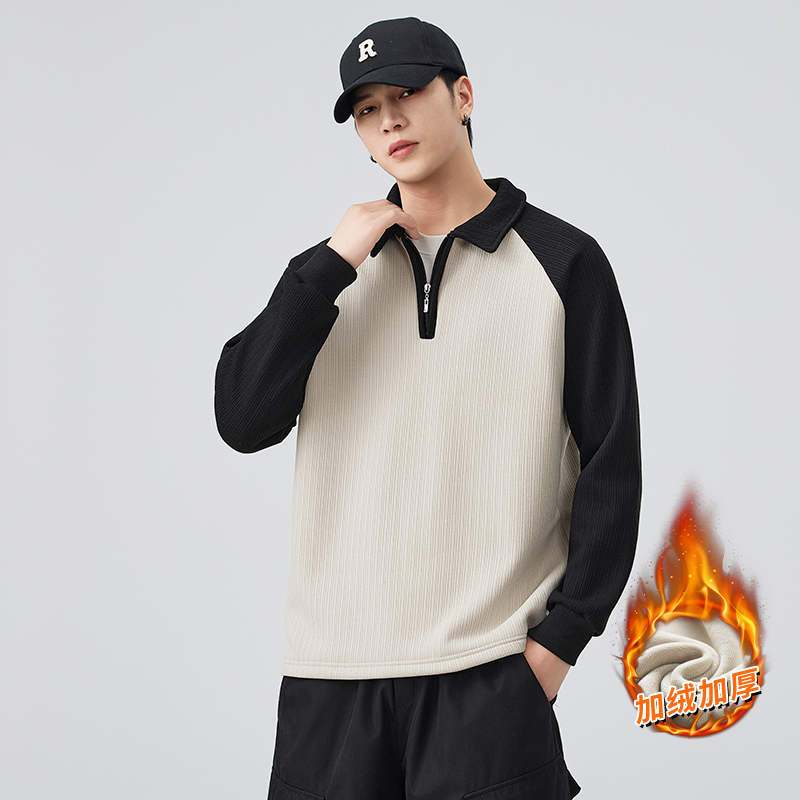 加绒加厚男士长袖翻领工装半拉链T恤，男装T恤，奇怪漫猴工厂店
