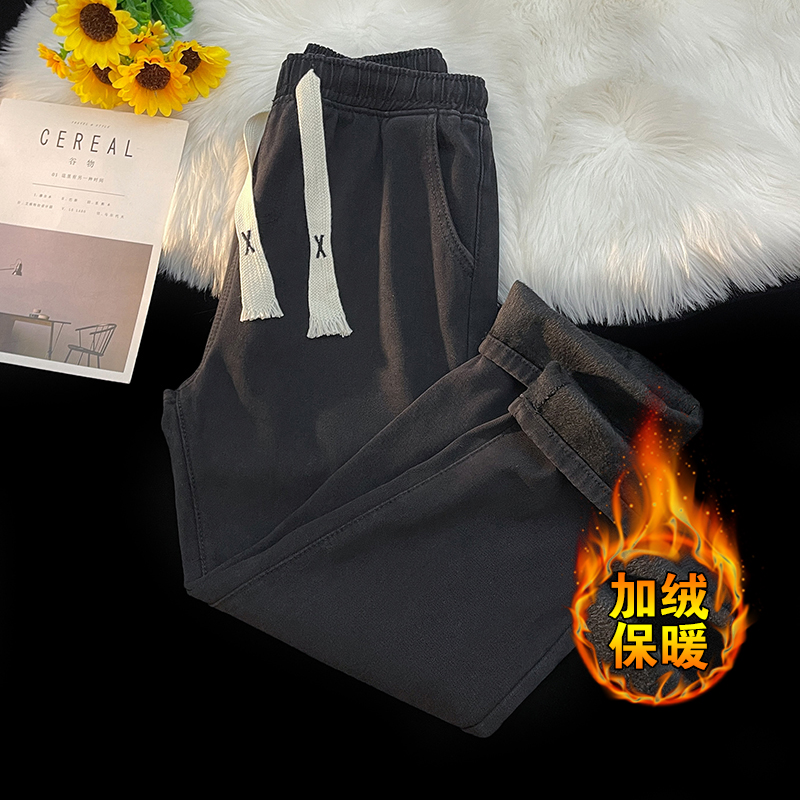 秋冬加绒港风宽松直筒休闲潮流百搭X绳男女牛仔裤(加绒限价89)，男装牛仔裤，奇怪漫猴工厂店