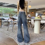 喇叭修身做旧复古美式水洗纹理褶皱新款秋冬舒适拖地长裤牛仔裤，女装休闲裤，奇怪漫猴工厂店