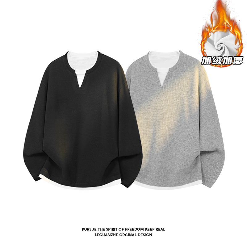 2025HT25764加绒白底大码假两件长袖T恤M-5XHT25965-特P29，男装T恤，奇怪漫猴工厂店