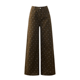 美式复古碎花牛仔加绒秋冬新款长裤阔腿舒适拖地休闲百搭慵懒风，女装休闲裤，奇怪漫猴工厂店