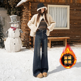 加绒保暖弹力绣花微喇牛仔裤女宽松不贴腿复古喇叭裤显瘦百搭，女装休闲裤，奇怪漫猴工厂店