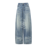 美式做旧复古纹理水洗褶皱牛仔长裤新款秋冬百搭舒适宽松牛仔裤，女装休闲裤，奇怪漫猴工厂店