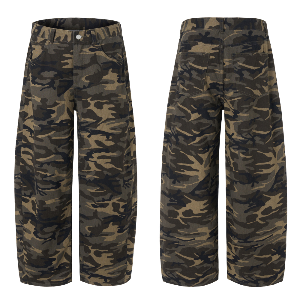 2025秋冬美式高街拖地复古阔腿迷彩休闲裤女慵懒宽松直筒长裤子潮，男装休闲裤，奇怪漫猴工厂店