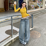 美式做旧复古纹理水洗褶皱牛仔长裤新款秋冬百搭舒适宽松牛仔裤，女装休闲裤，奇怪漫猴工厂店