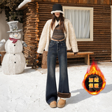 加绒保暖弹力绣花微喇牛仔裤女宽松不贴腿复古喇叭裤显瘦百搭，女装休闲裤，奇怪漫猴工厂店