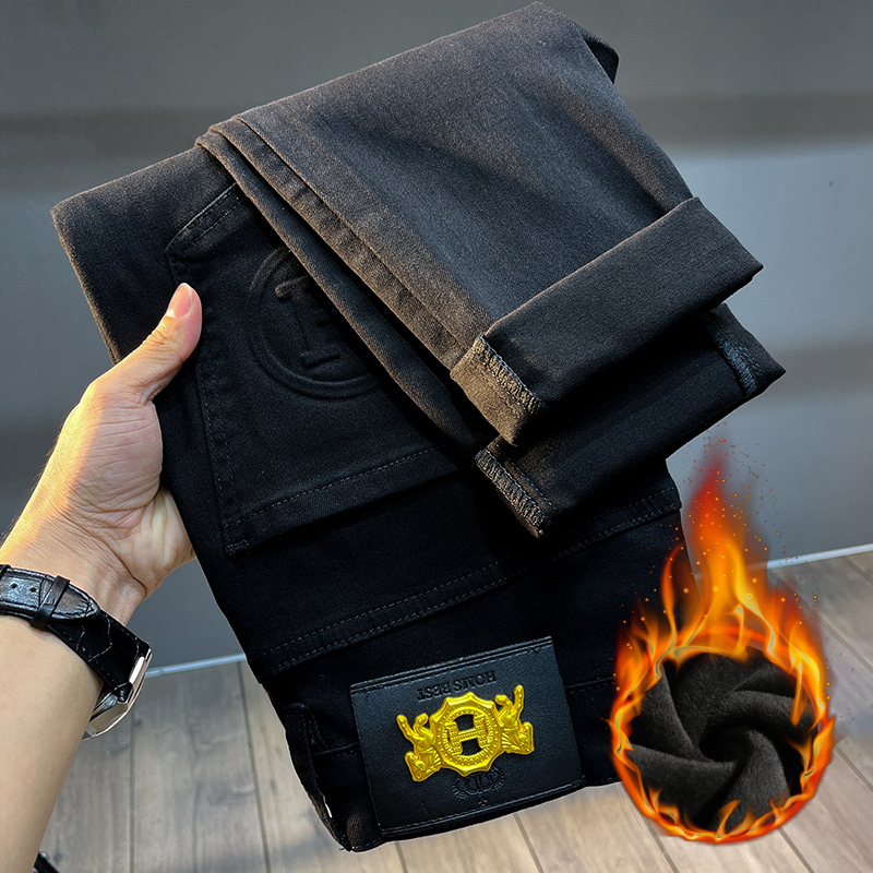 2025年秋冬季新款黑色牛仔裤男士冬款加绒宽松百搭潮牌休闲长裤，男装牛仔裤，奇怪漫猴工厂店