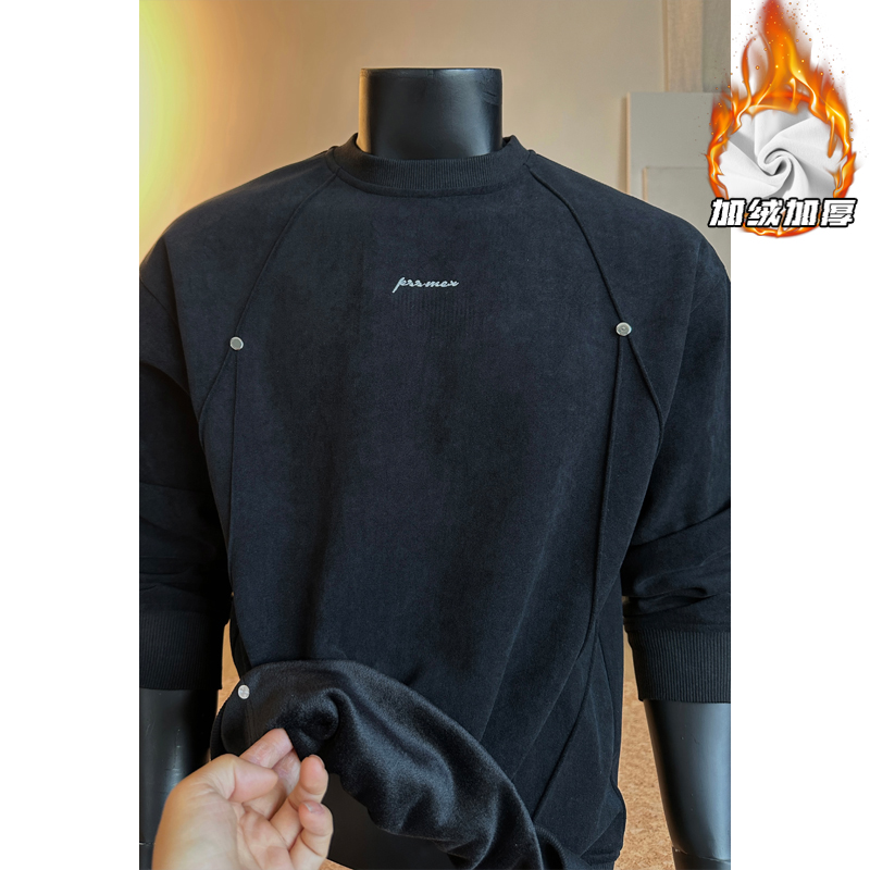 2025冬季新款港风假模大码圆领加绒卫衣M-5XHW25927-P50，男装卫衣，奇怪漫猴工厂店