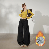 YC&美式复古低腰宽松阔腿裤小众排扣秋冬百搭直筒牛仔裤女加绒，女装休闲裤，奇怪漫猴工厂店