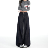 丹宁蓝阔腿牛仔裤2025年秋冬新款高腰显瘦撞色刺绣时尚加绒直筒裤，女装休闲裤，奇怪漫猴工厂店