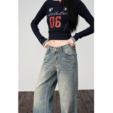 25年秋冬新款美式复古条纹低腰微宽松加绒加厚微喇牛仔裤女，女装休闲裤，奇怪漫猴工厂店