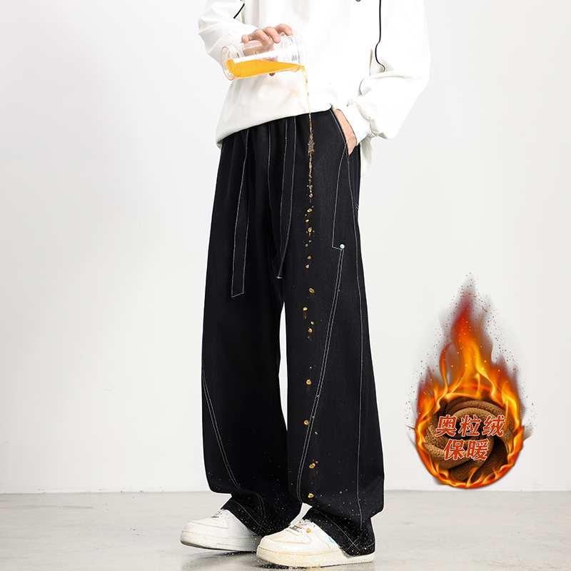 【98】L-9XL三防阳离子加绒保暖牛仔裤男士直筒裤休闲裤阔腿，男装牛仔裤，奇怪漫猴工厂店