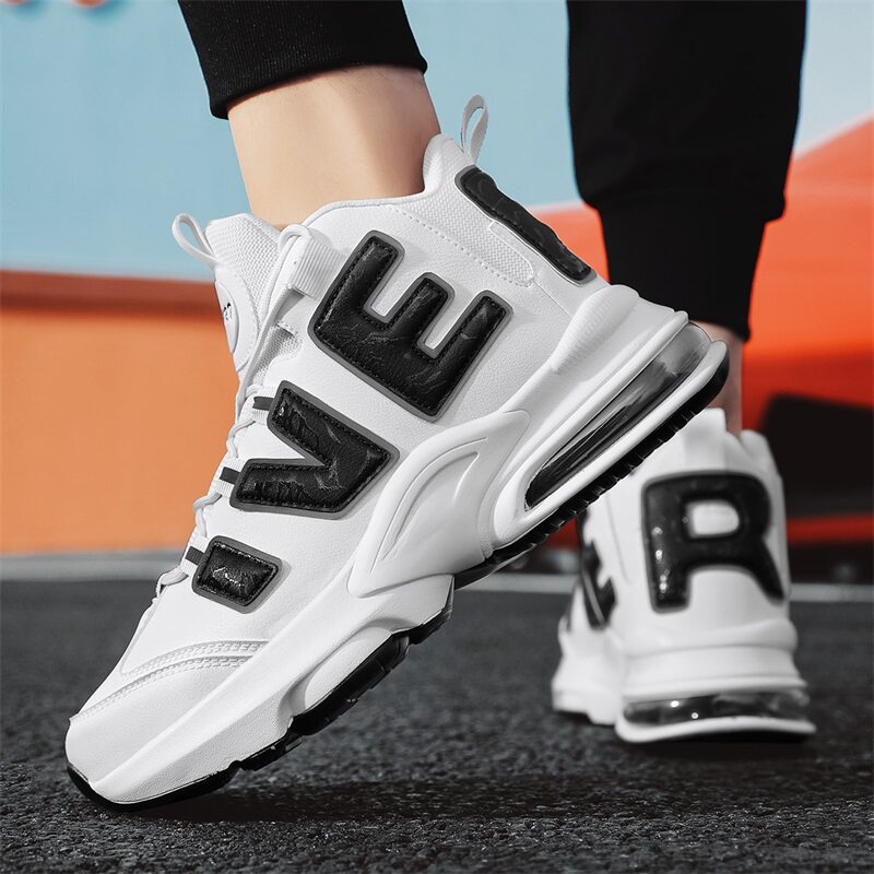 男鞋秋冬青少年学生气垫减震增高老爹鞋皮面防水高帮篮球运动鞋