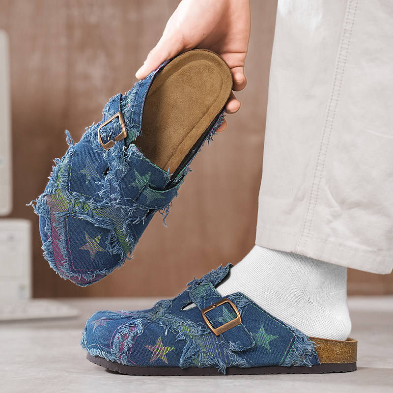 复古牛仔破洞毛边勃肯鞋男女软木底拼色包头懒人鞋情侣休闲博肯鞋