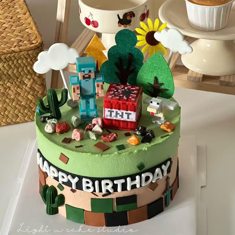 网红卡通方块世界儿童男孩生日蛋糕装饰摆件我的积木暗影人偶装扮