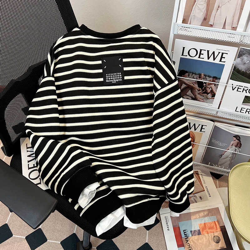 大码女装假两件条纹圆领卫衣