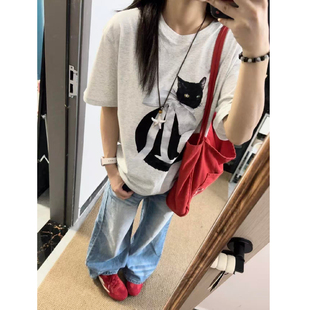 品牌折扣美式复古白灰色短袖t恤女2026新款猫咪印花上衣宽松体恤
