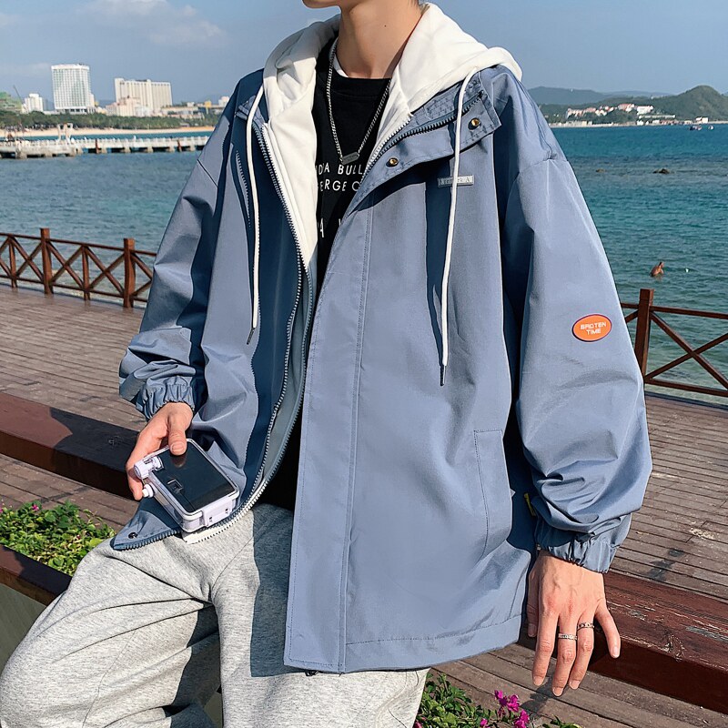 2024春装新款假两件连帽夹克男学生宽松薄款外套A436-2122-P75,男装夹克,电商A436
