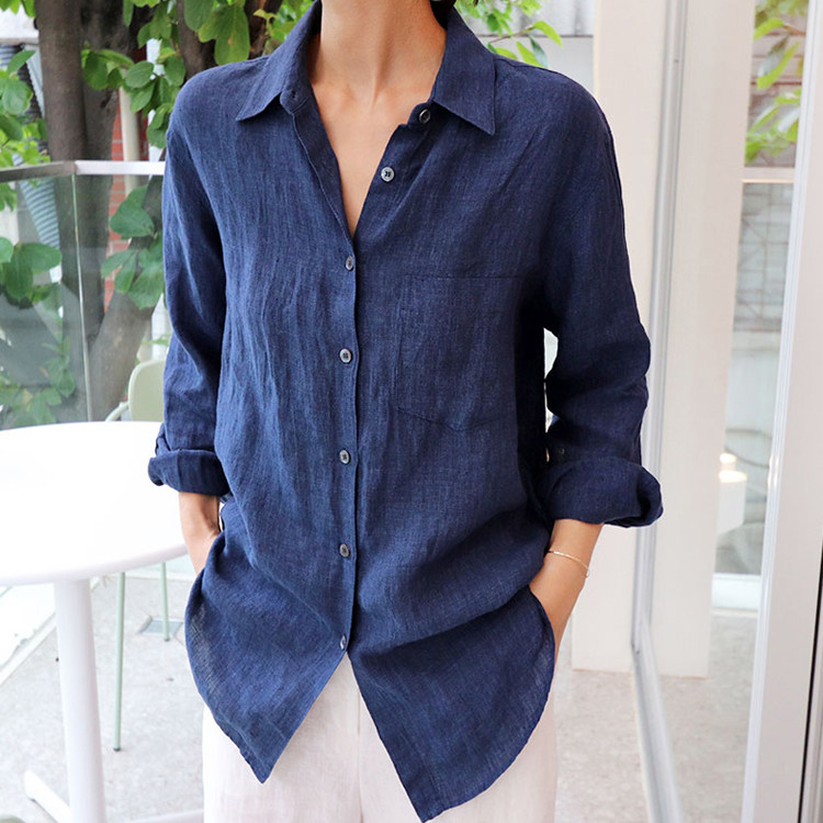 藏青蓝色新款休闲亚麻棉长袖衬衣百搭女士宽松纯色衬衫棉麻春夏季