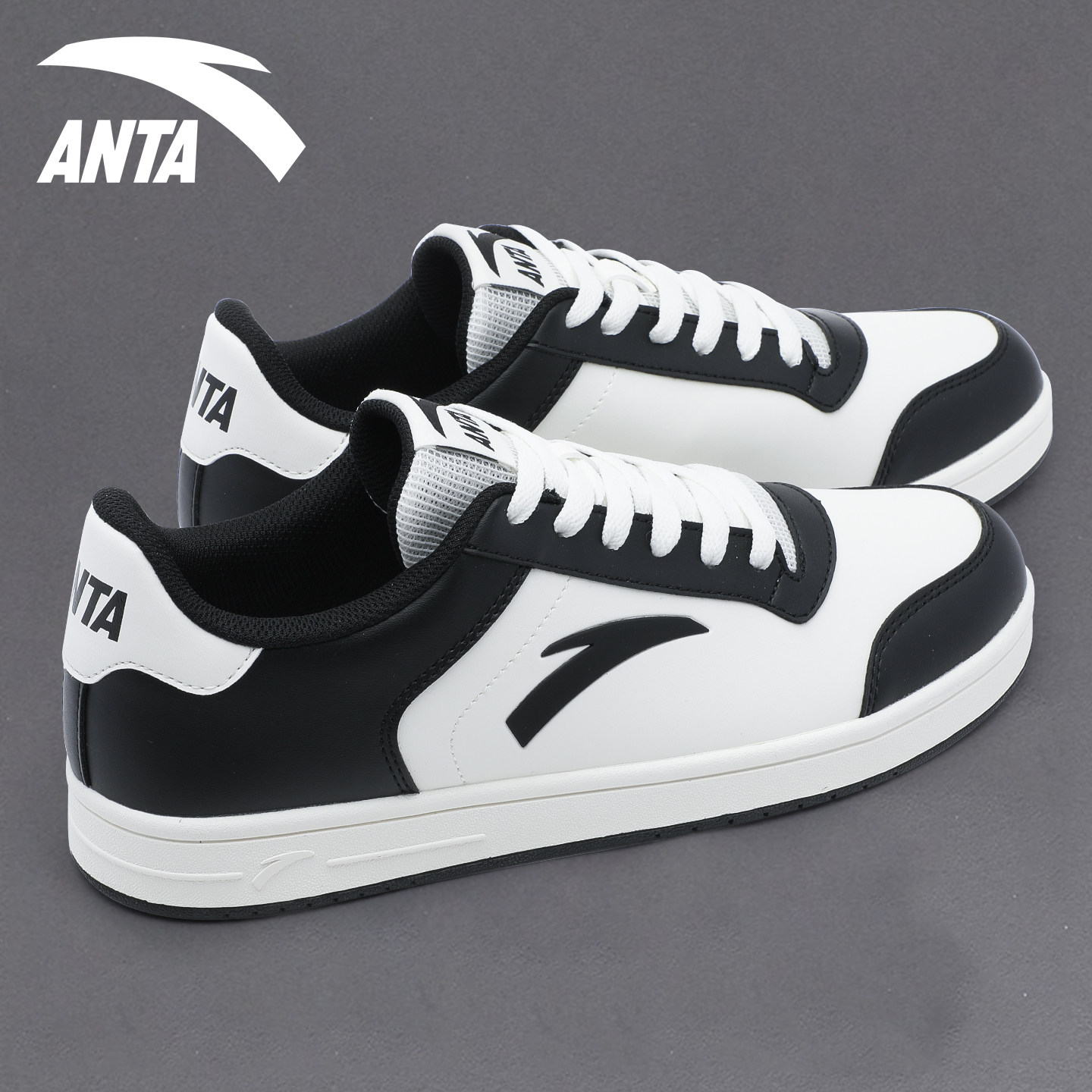 安踏板鞋男皮面2025新款黑白撞色