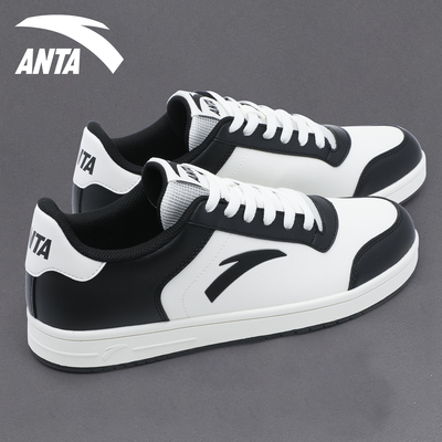 安踏板鞋男皮面2025新款黑白撞色