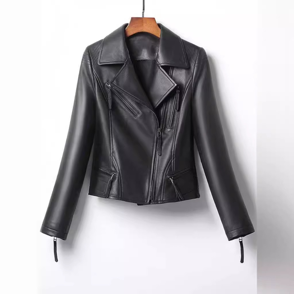 海宁 新款2025年春季短款真皮皮衣 女真皮绵羊皮修身机车款外套