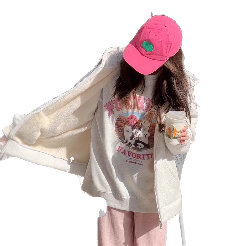 加绒加厚卫衣外套女2025新款冬慵懒风羊羔绒秋冬重磅保暖连帽上衣