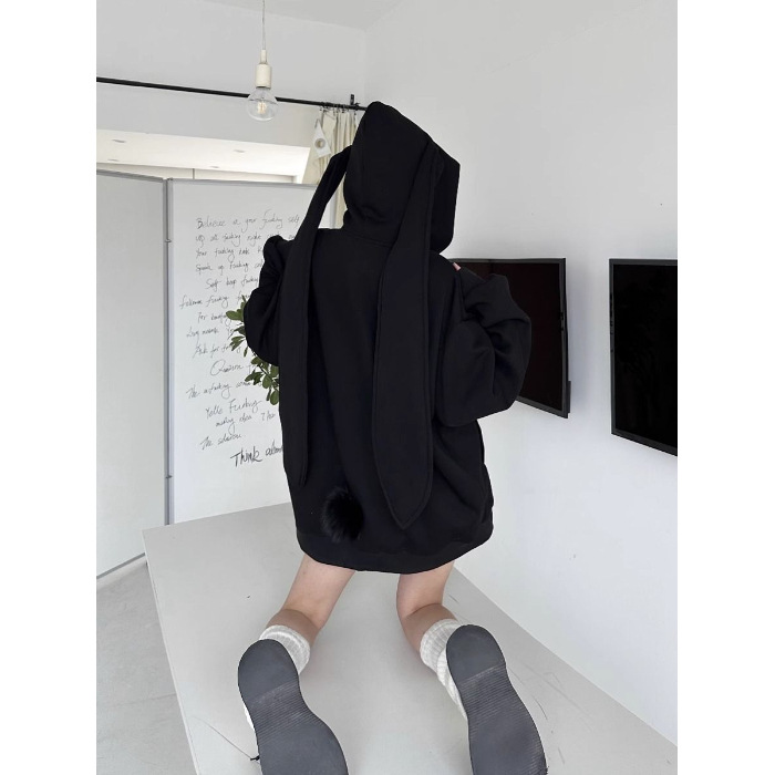 可拆卸兔耳紫色朵连帽学生卫衣女2024秋冬季宽松长袖开衫外套潮