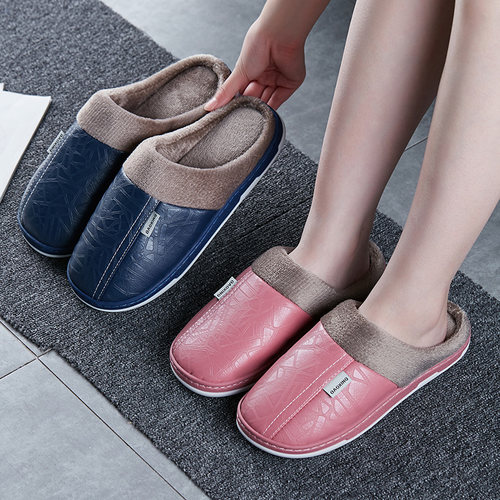 款棉拖鞋女士冬款可爱情侣居家室内防滑厚底PU皮拖鞋男冬季 - 封面