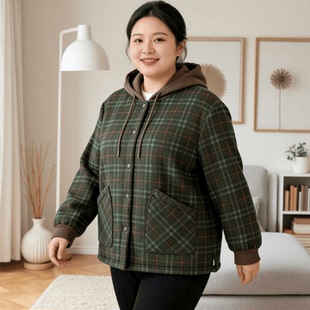 秋冬中年妈妈装加绒加厚连帽格子中长款大码女士外套简约韩版卫衣