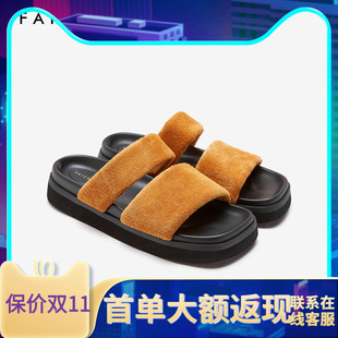 色非复古方头防滑厚底一字拖鞋女2025夏季新款时尚舒适真皮凉拖鞋