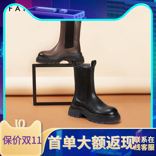 色非真皮切尔西靴女款2023秋冬新款圆头黑色靴子棕色百搭牛皮女鞋