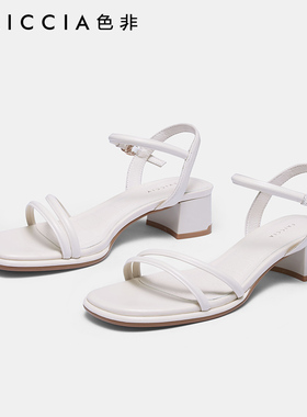 一字带凉鞋女夏色非2023新款罗马粗跟复古女鞋中跟百搭洋气B462D