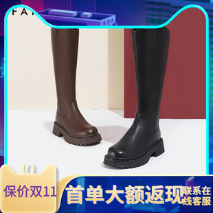 色非V口长靴女2023冬新款圆头粗跟靴子显瘦百搭瘦瘦靴黑色长筒靴