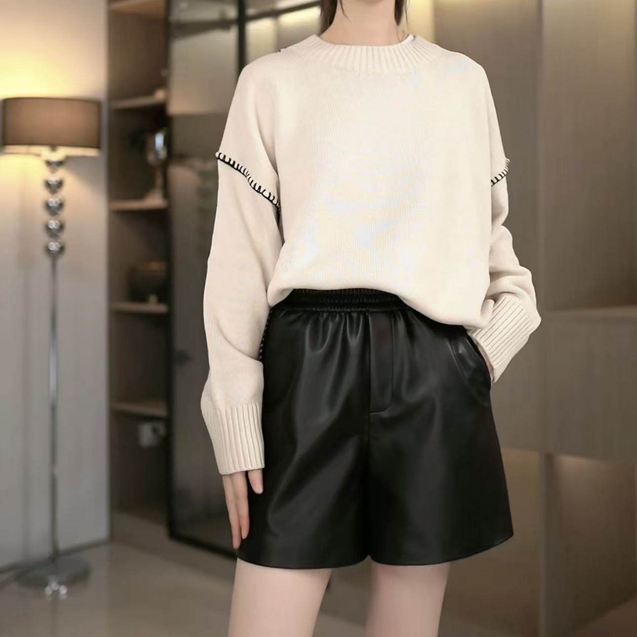 2403真皮绵羊皮短裤女秋冬新款松紧高腰显瘦宽松休闲阔腿裤,女装/女士精品,休闲裤,淘宝优惠券,粉丝福利购,淘宝优惠卷