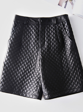 真皮短裤女绵羊皮秋冬新款高腰显瘦黑色宽松加厚格子五分裤阔腿裤