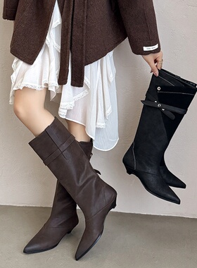 【YOON尹儿】3cm矮跟法式尖头猪皮时装靴百搭配大衣的靴子1306