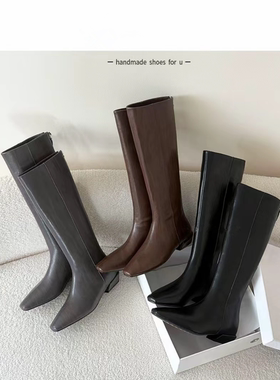 【YOON尹儿】2.5cm方头一脚蹬后拉链及膝靴长筒百搭高筒靴6629