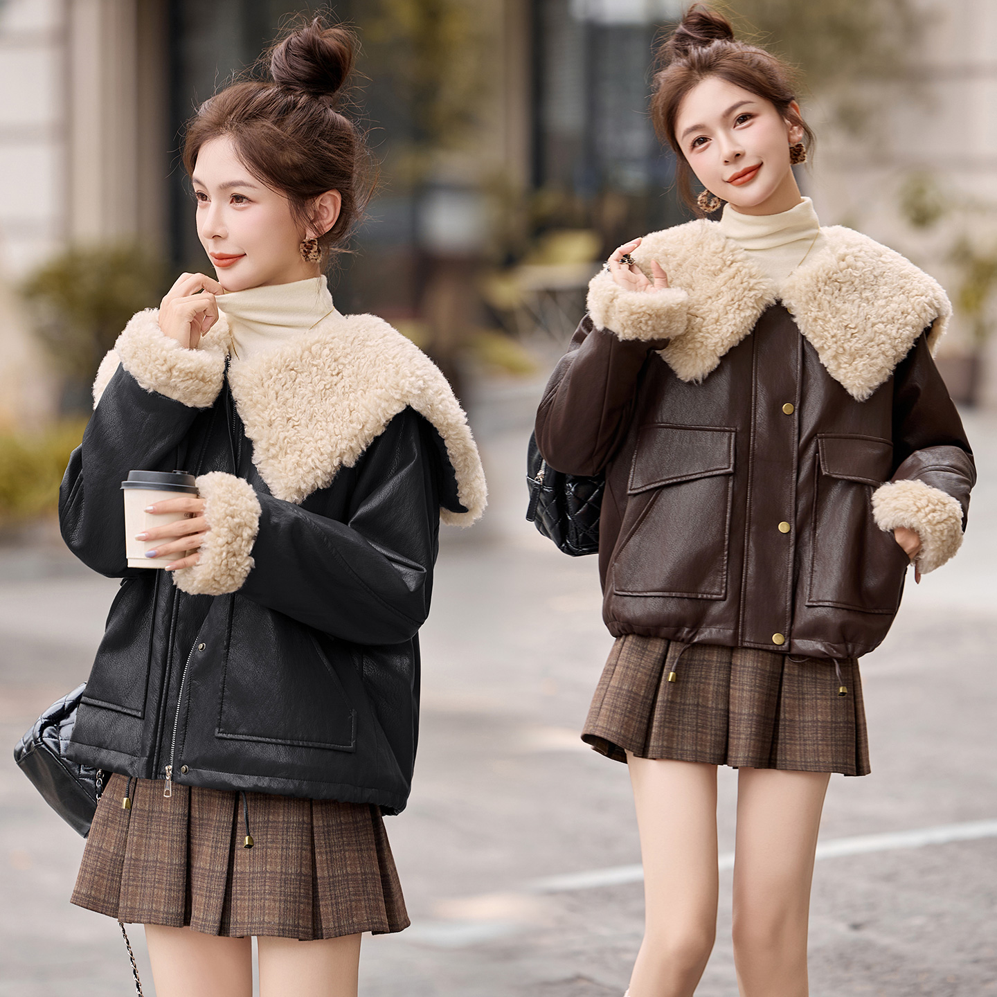 时尚羊羔毛大翻领加绒加厚皮衣女2025冬季洋气减龄PU皮毛一体棉服