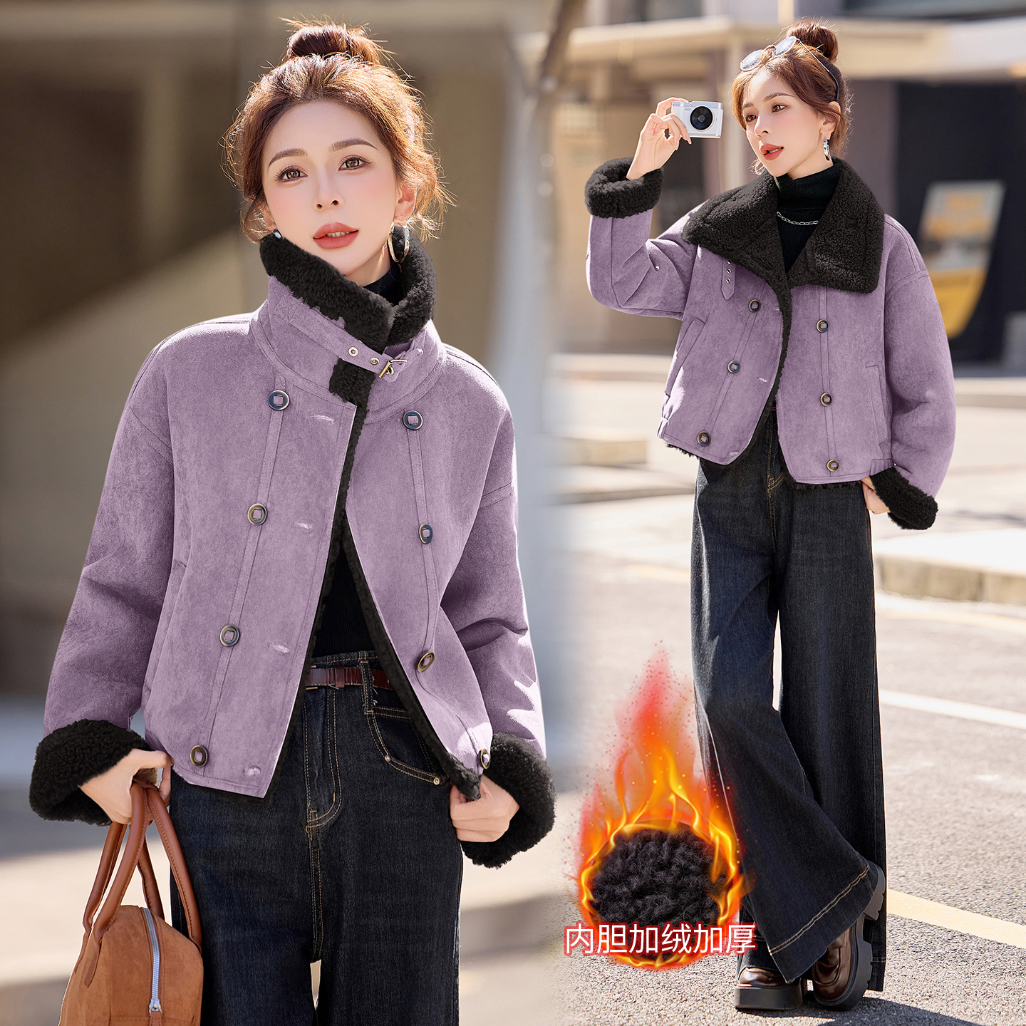 韩系翻领仿羊羔毛皮毛一体短款外套女2025冬款加厚加绒双排扣夹克