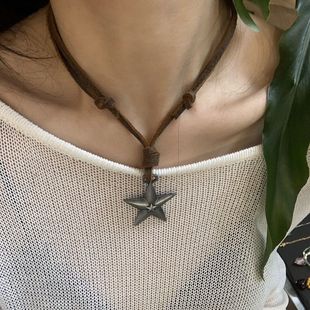 星星吊坠朋克项链牛皮合金银色五角星长款 可调节个性 项链毛衣链