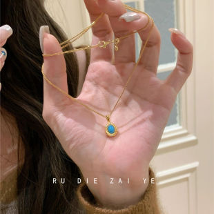 如蝶在野 中古绿松吊坠项链轻奢高级感复古气质锁骨链秋冬毛衣链