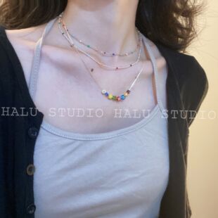 如蝶在野”八月份的尾巴“复古配色小彩豆叠戴项链精致百搭锁骨链