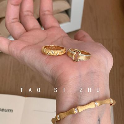 如蝶在野 中古vintage拉丝编织麦穗元宝扣轻奢高级感小众开口戒