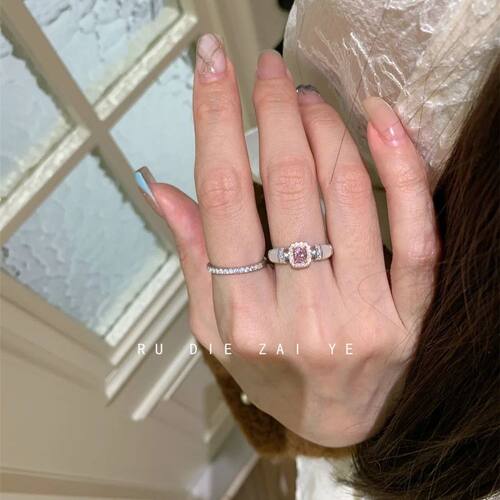 如蝶在野 中古vintage锆石方糖戒指粉色名媛高级感轻奢千金开口戒