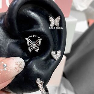 蝴蝶来信~爆闪蝴蝶耳骨钉四件套叠戴耳蜗钉钛钢多耳洞耳钉